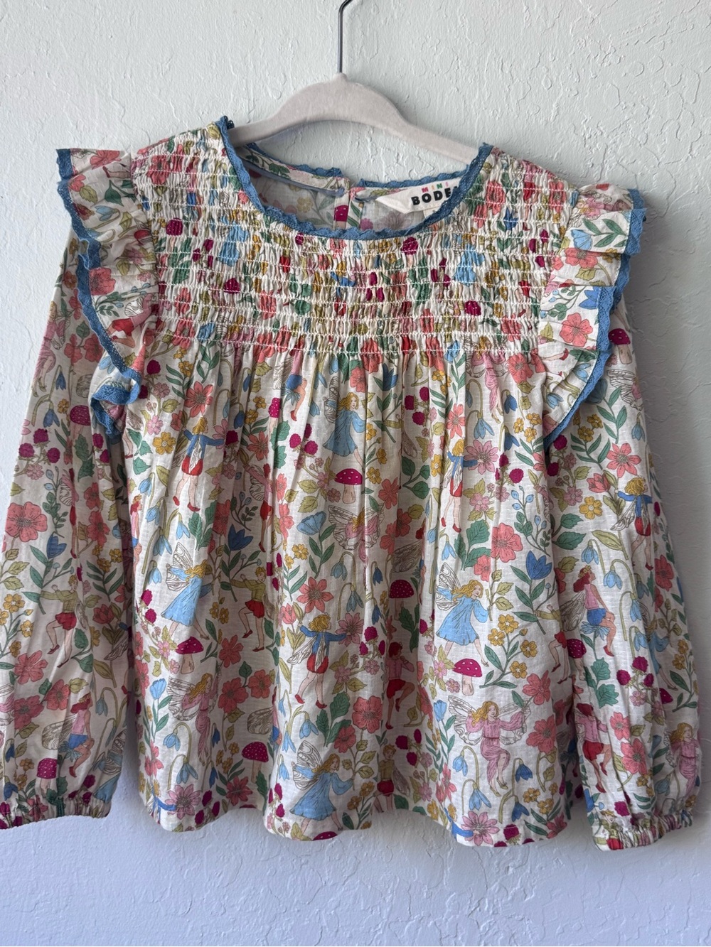 Mini Boden Cream Floral & Fairy Smocked Long-Sleeve Top
